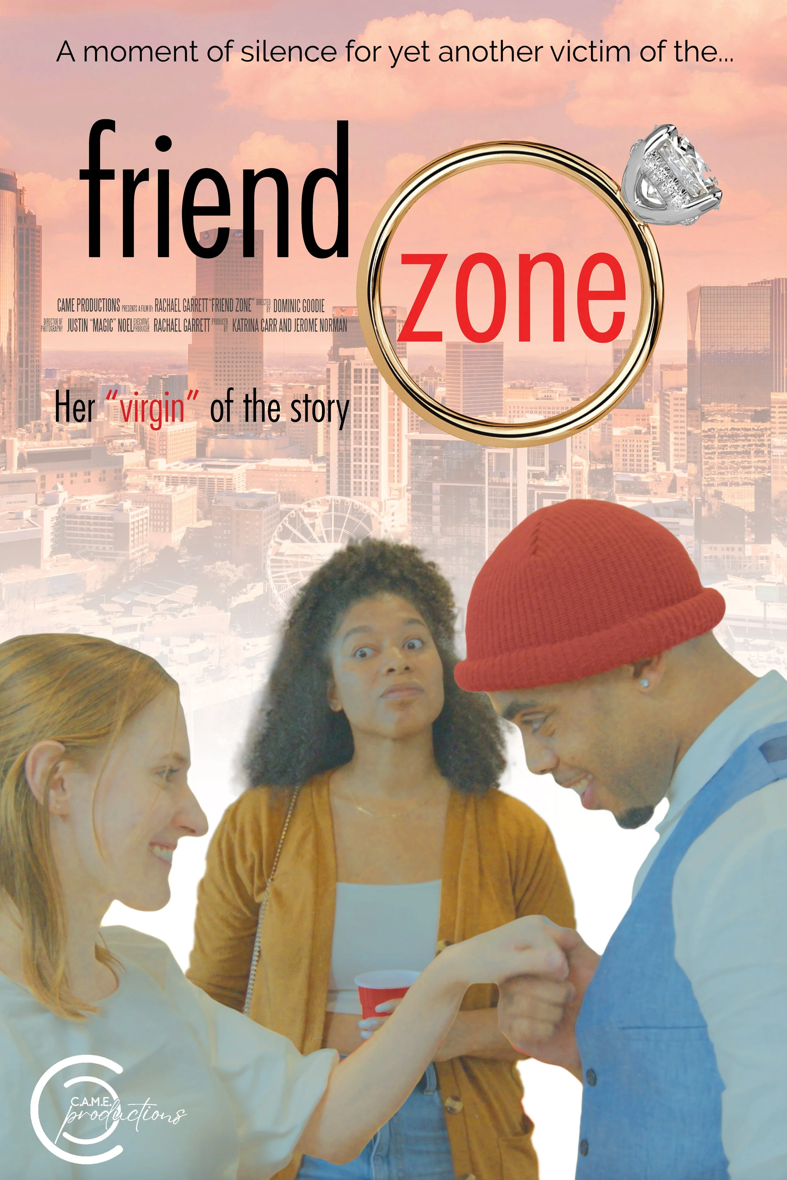 Movie poster for 'Friend Zone' showing two women shaking hands with a man smiling, with a city skyline in the background and pink sky. The poster includes text and a ring with a diamond.