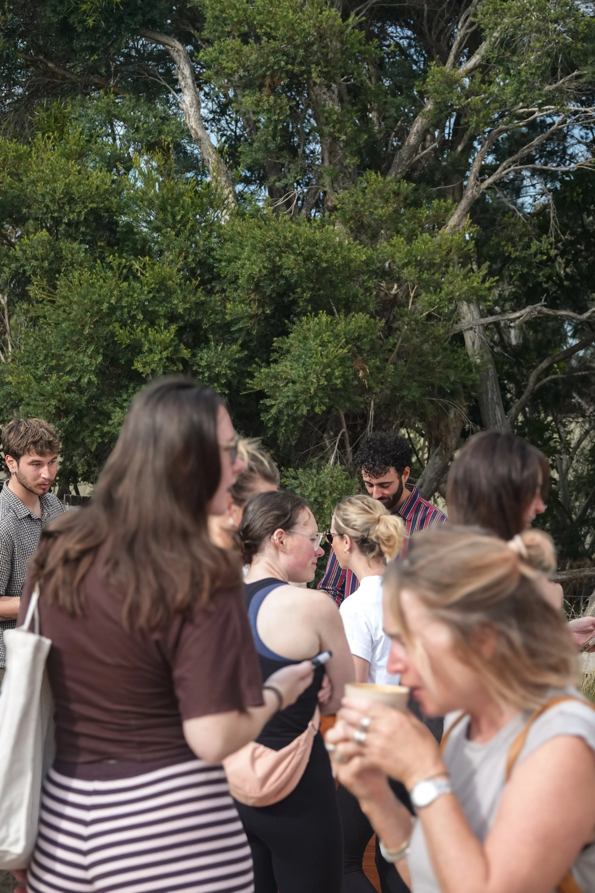 A group of people gathered outdoors among trees, engaged in conversations and activities.