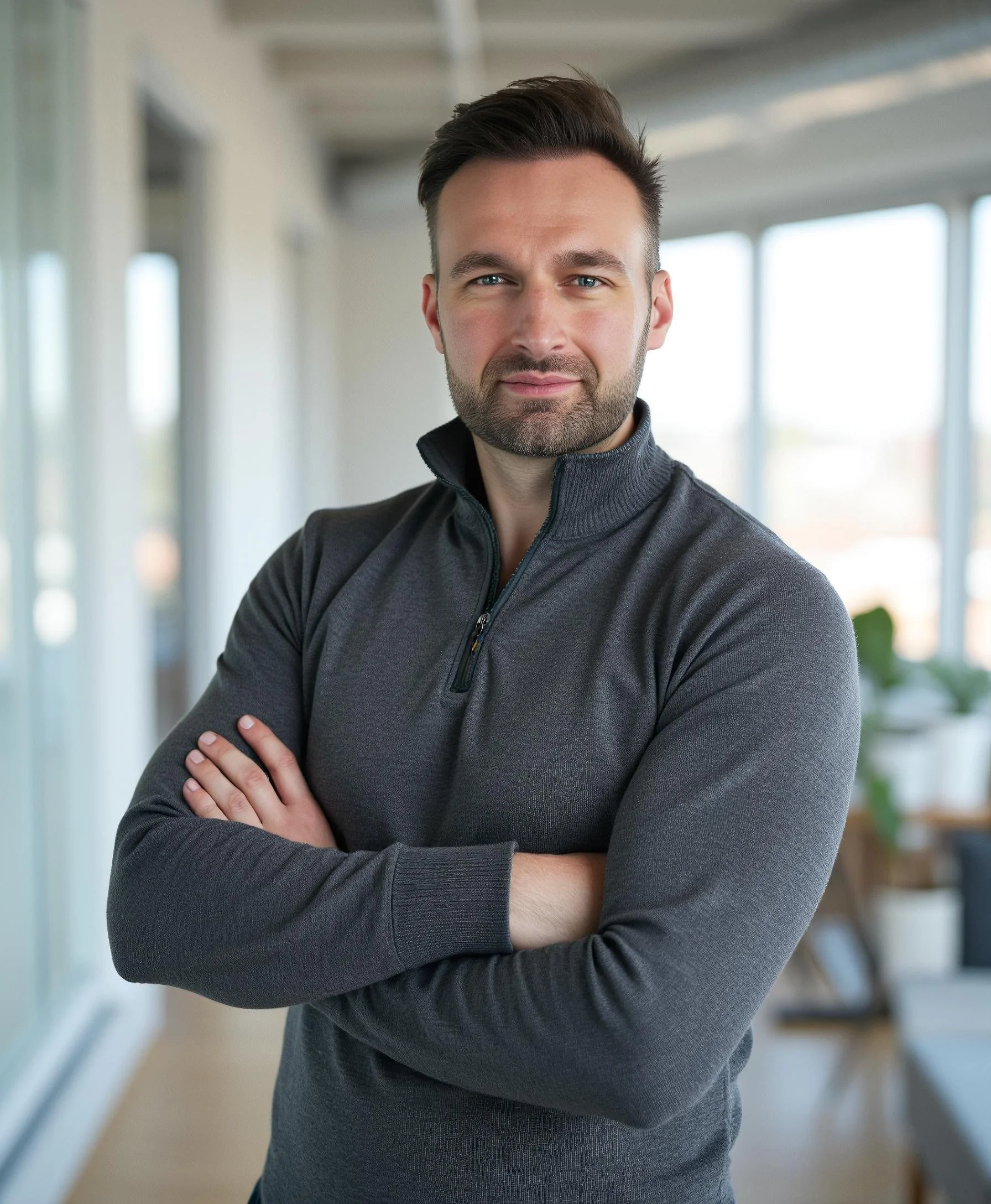 A confident man with crossed arms posing indoors in a modern office or home setting.