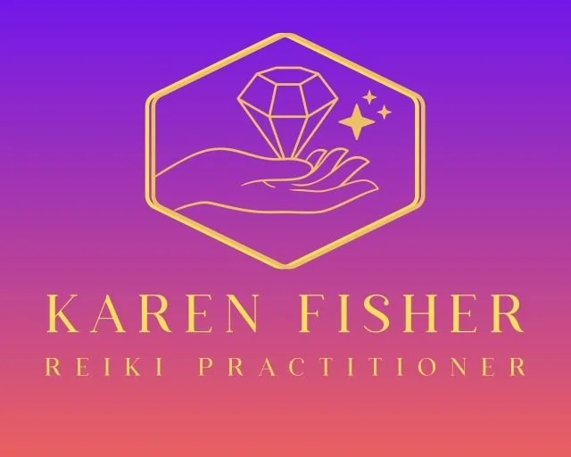Logo for Karen Fisher Reiki Practitioner featuring a hand holding a diamond, with stars, on a gradient purple-pink background.