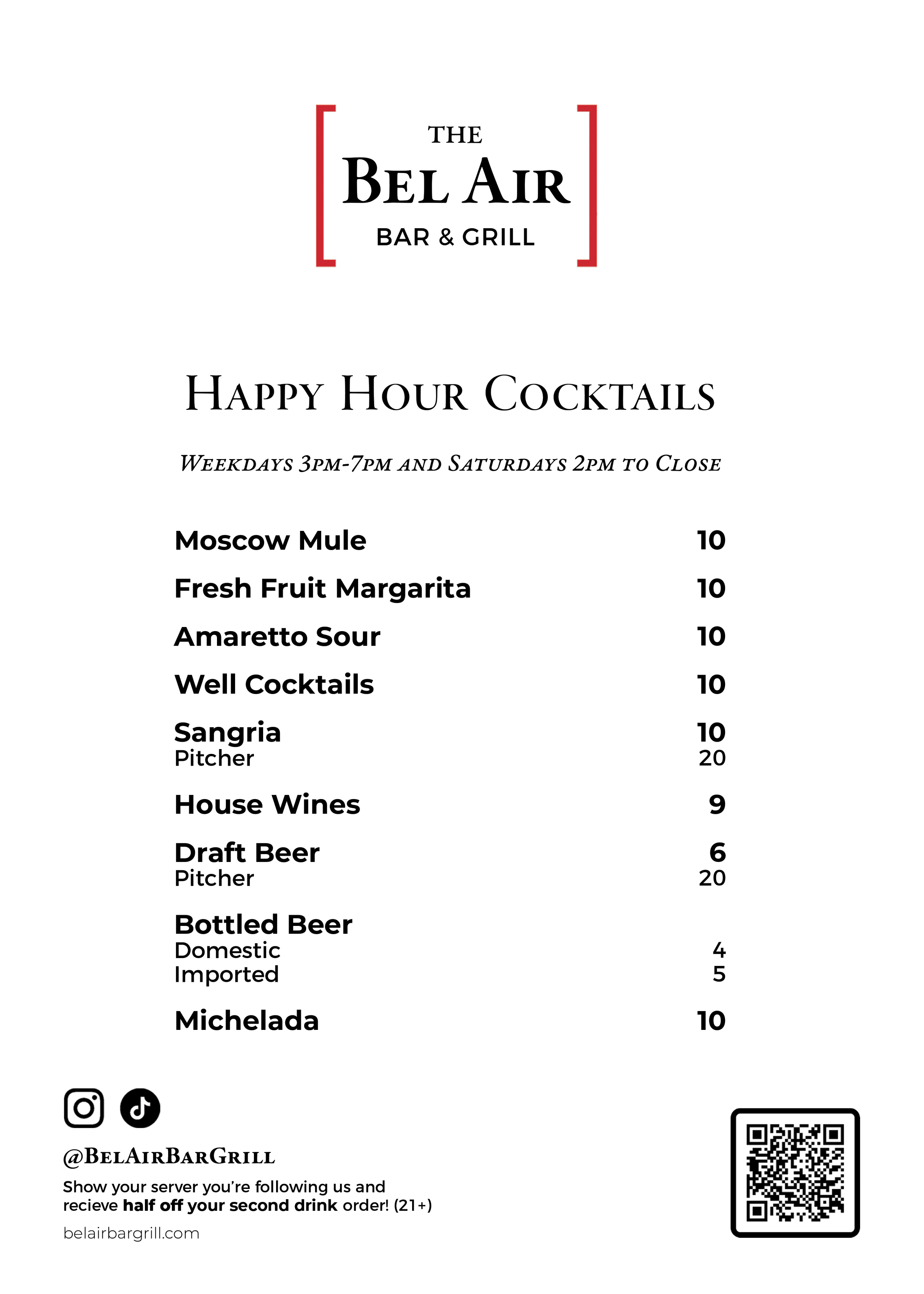 Menu for The Bel Air Bar & Grill, featuring happy hour cocktails including Moscow Mule, Fresh Fruit Margarita, Amaretto Sour, Well Cocktails, Sangria, House Wines, Draft Beer, Bottled Beer, and Michelada, with prices listed and social media icons.