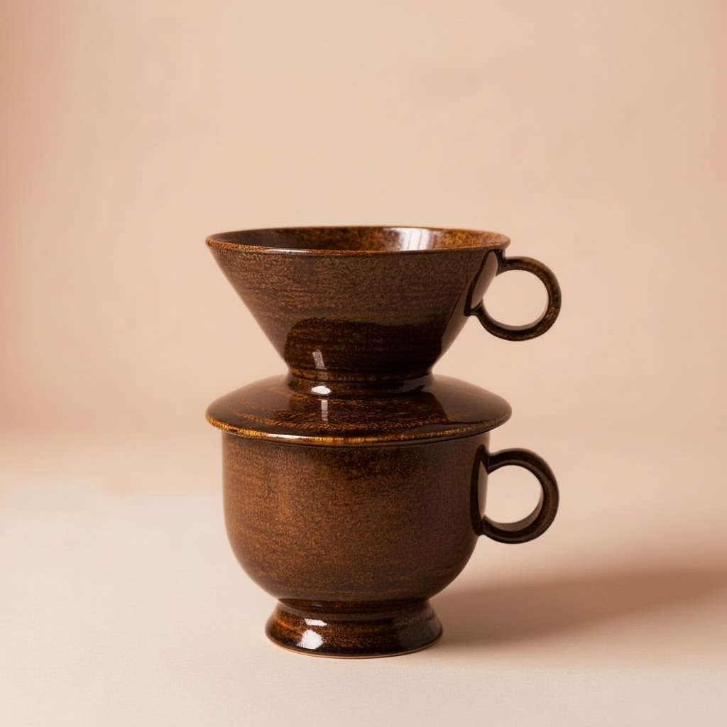 Handmade ceramic V60 pour-over dripper and matcha mug in Dark Roast glaze, wheel-thrown stoneware from the Rituals Collection.