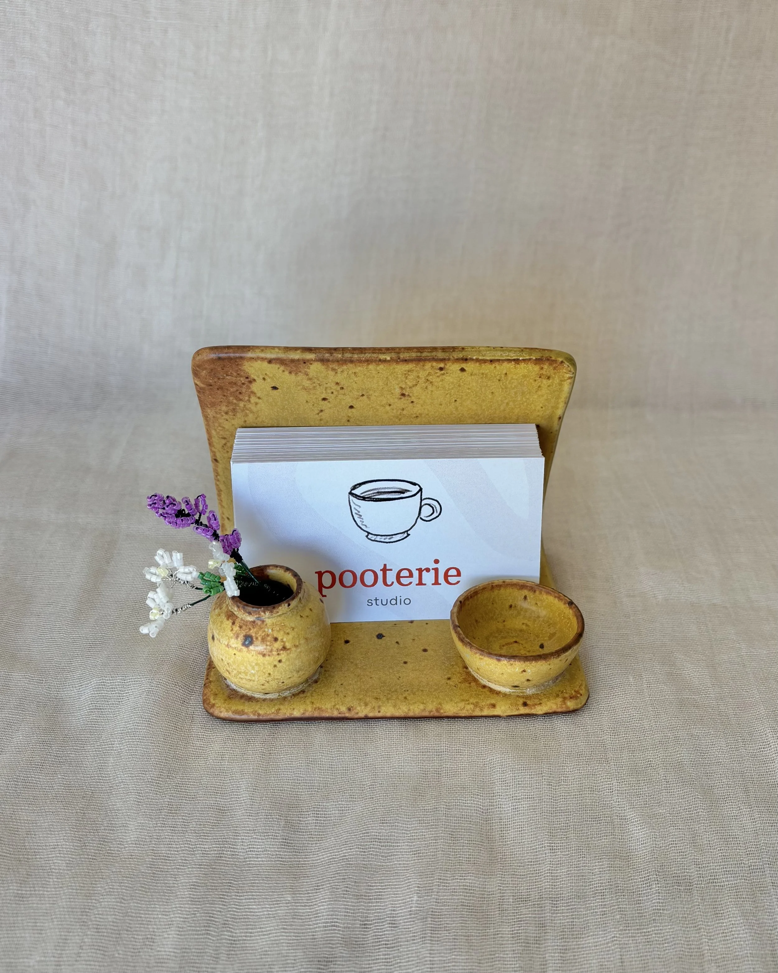 yellow-pottery-card-holder-business-cards-beaded-flowers.jpeg
