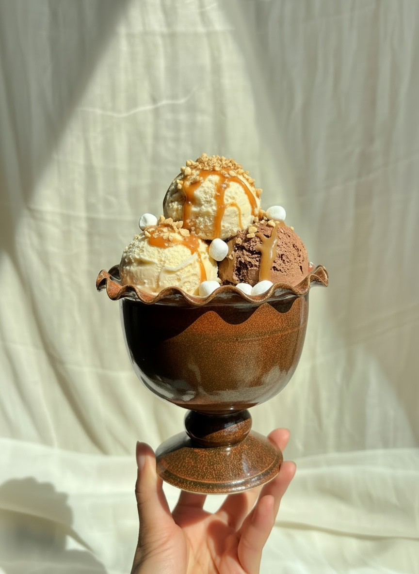 Handmade ceramic chocolate brownie sundae pedestal bowl with ice cream, caramel drizzle, and whipped cream, held in hand.PNG