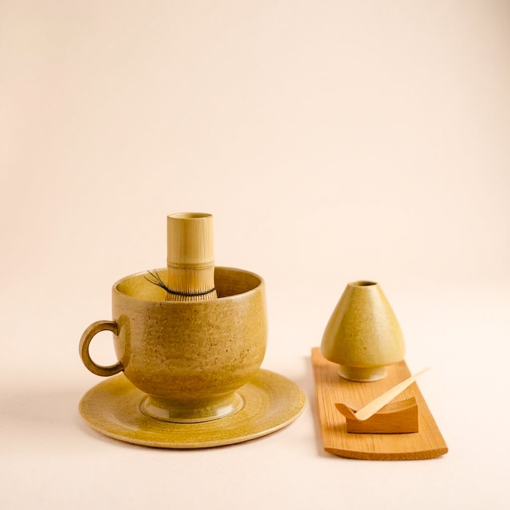 Golden Hour ceramic matcha mug, saucer, and matcha whisk stand arranged together for a modern tea ceremony.