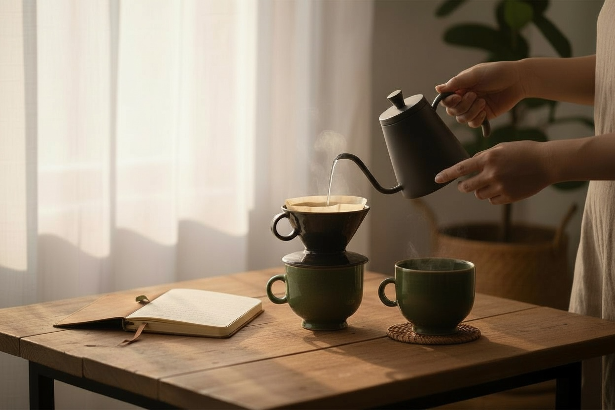 Pour-over coffee being brewed into handmade ceramic mugs on a wooden table near a window, with morning light filtering through.