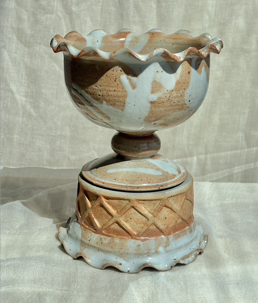 Handmade ceramic chocolate brownie and salted caramel sundae pedestal bowl with drizzle detail.png