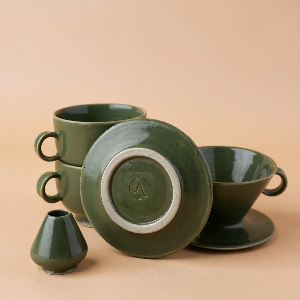 Back view of handmade ceramic matcha mugs and multi-use saucers showing foot rings and maker’s mark.