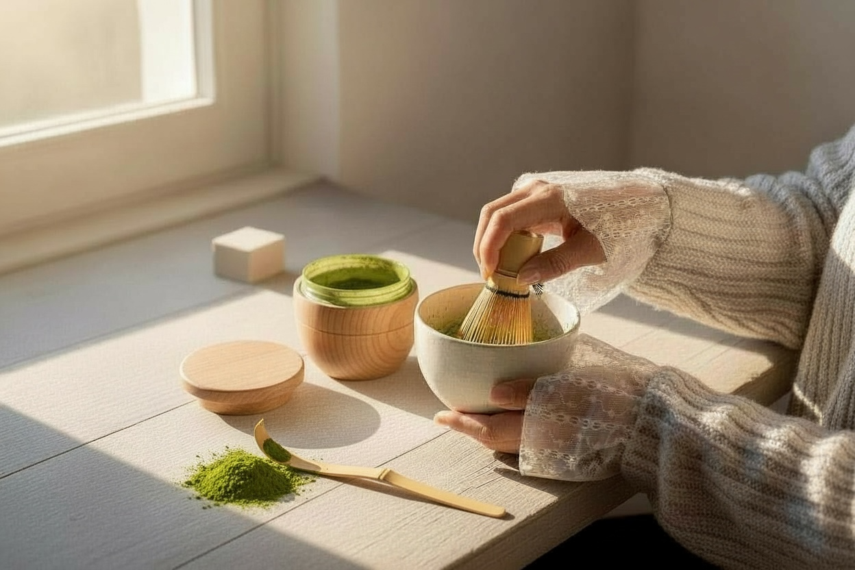 Hands preparing matcha with a bamboo whisk in a handmade ceramic bowl beside a small wooden container on a sunlit table.
