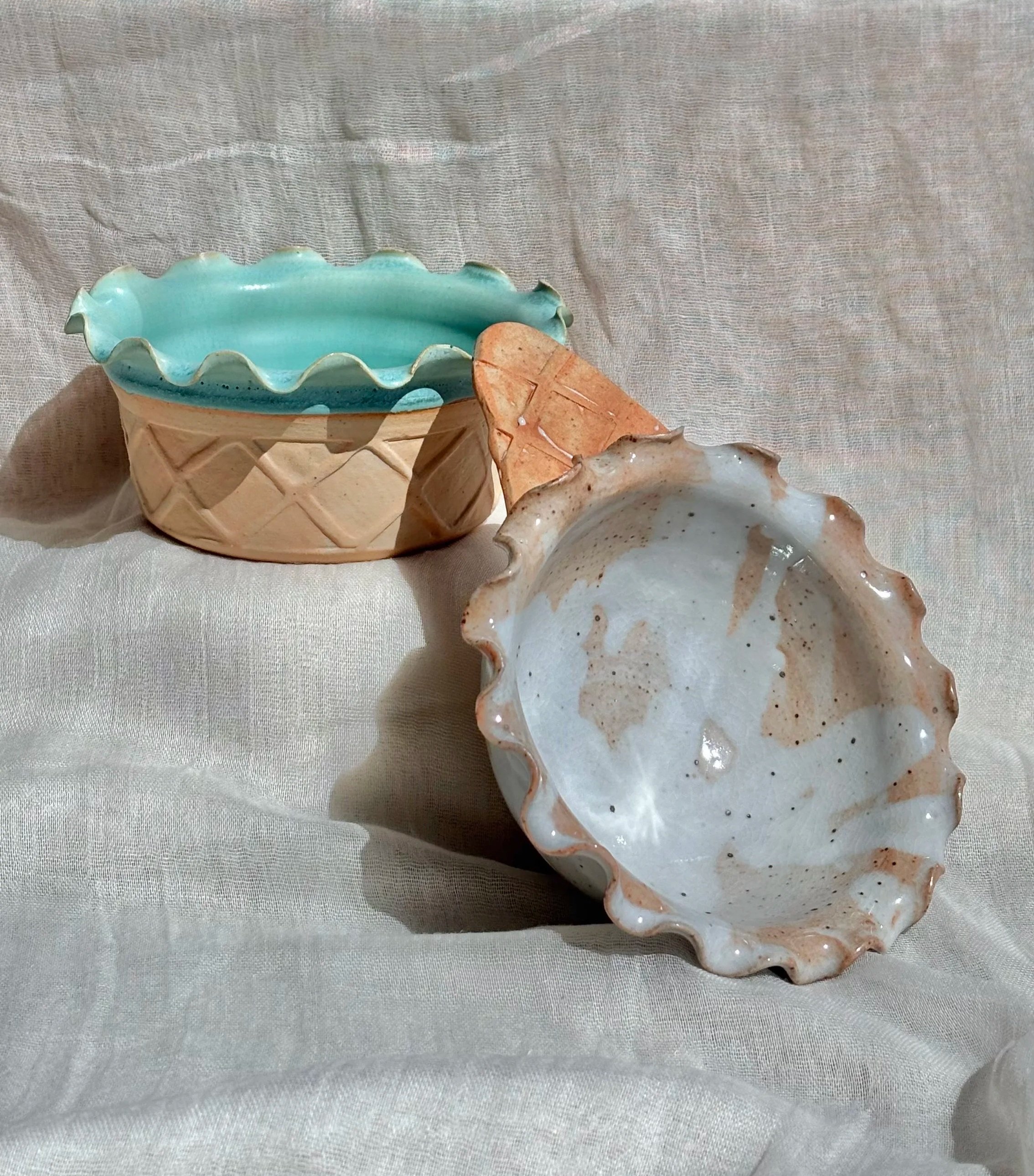 Handmade+ceramic+waffle+cup+ice+cream+bowls+in+mint+and+salted+caramel+styled+on+white+fabric.jpg