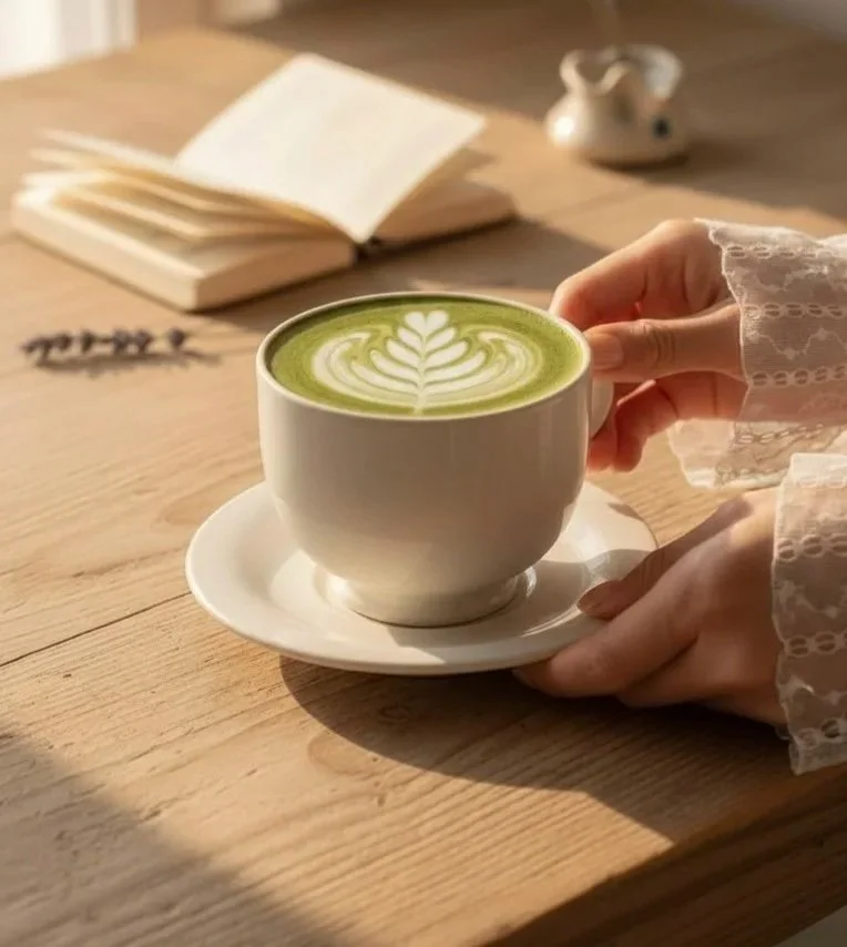 A handmade ceramic cup and saucer holding a matcha latte with leaf latte art, placed on a wooden table in soft natural light.