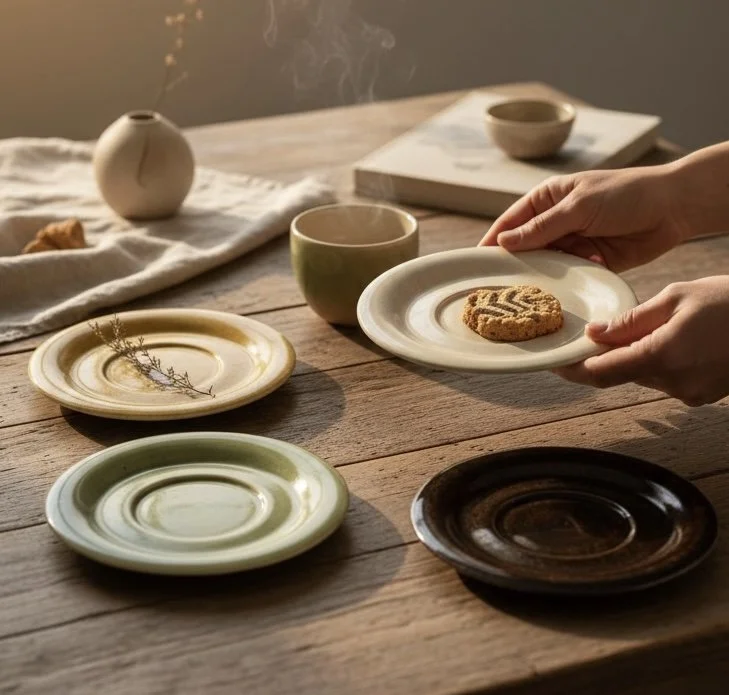 Hands arranging handmade ceramic plates and cups with a small pastry on a rustic wooden table, styled for a quiet morning ritual.