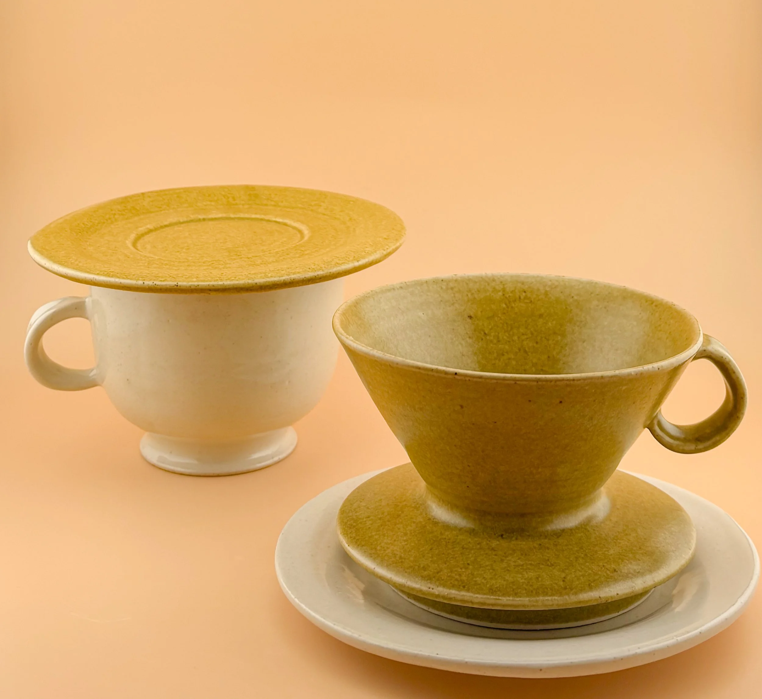 Golden Hour ceramic pour-over dripper and matcha mug resting on a matching multi-use saucer.