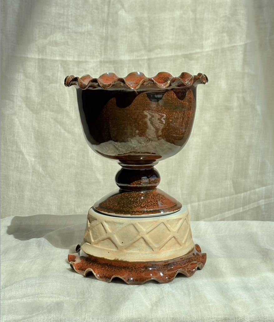 Handmade ceramic chocolate brownie ice cream sundae pedestal bowl with ruffled rim.png
