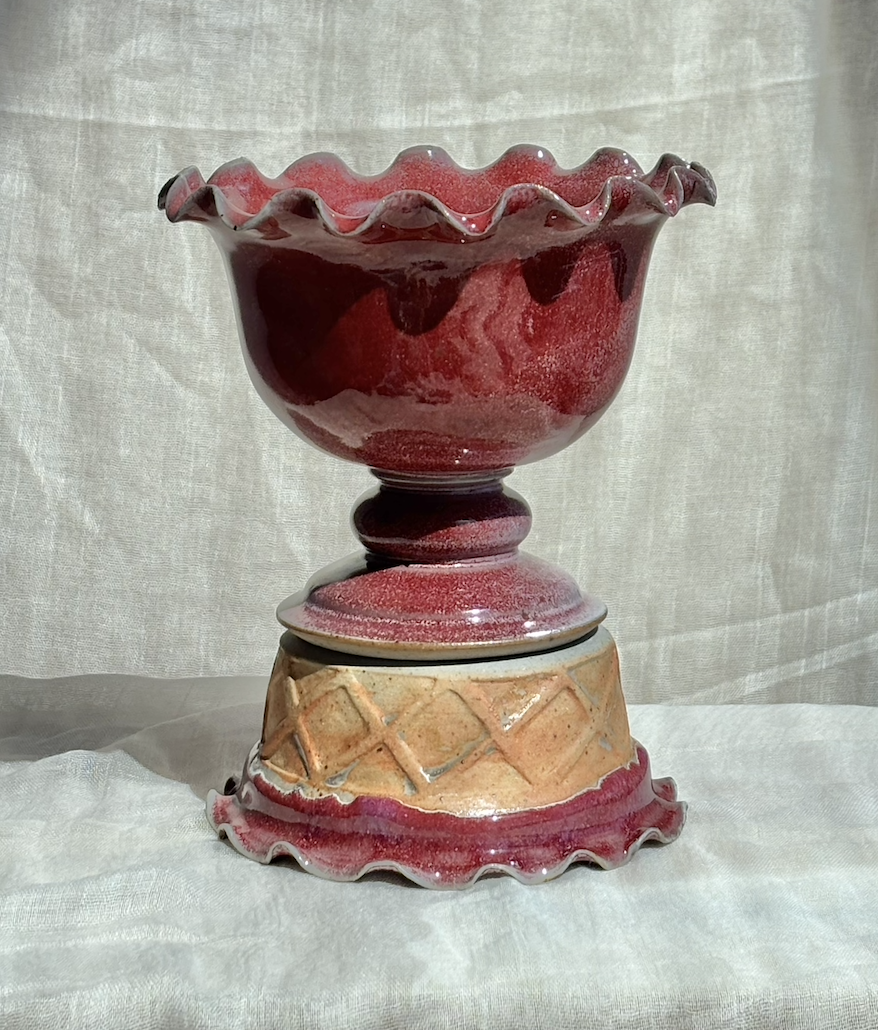 Handmade ceramic ice cream bowl collection in strawberry, mint, salted caramel, and brownie, styled in tiers.png