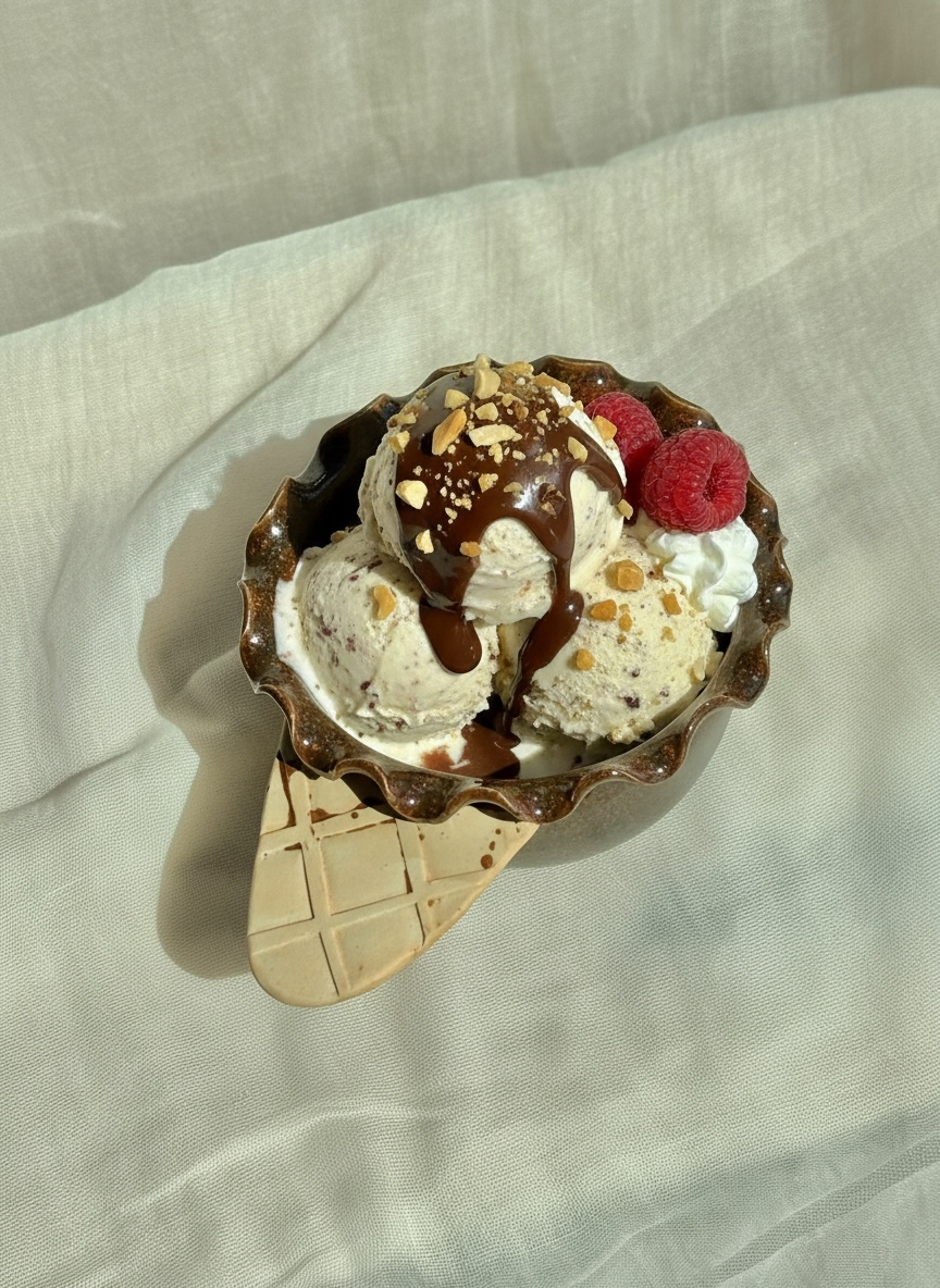 Handmade ceramic chocolate brownie waffle cone ice cream bowl piled with scoops and raspberries.PNG