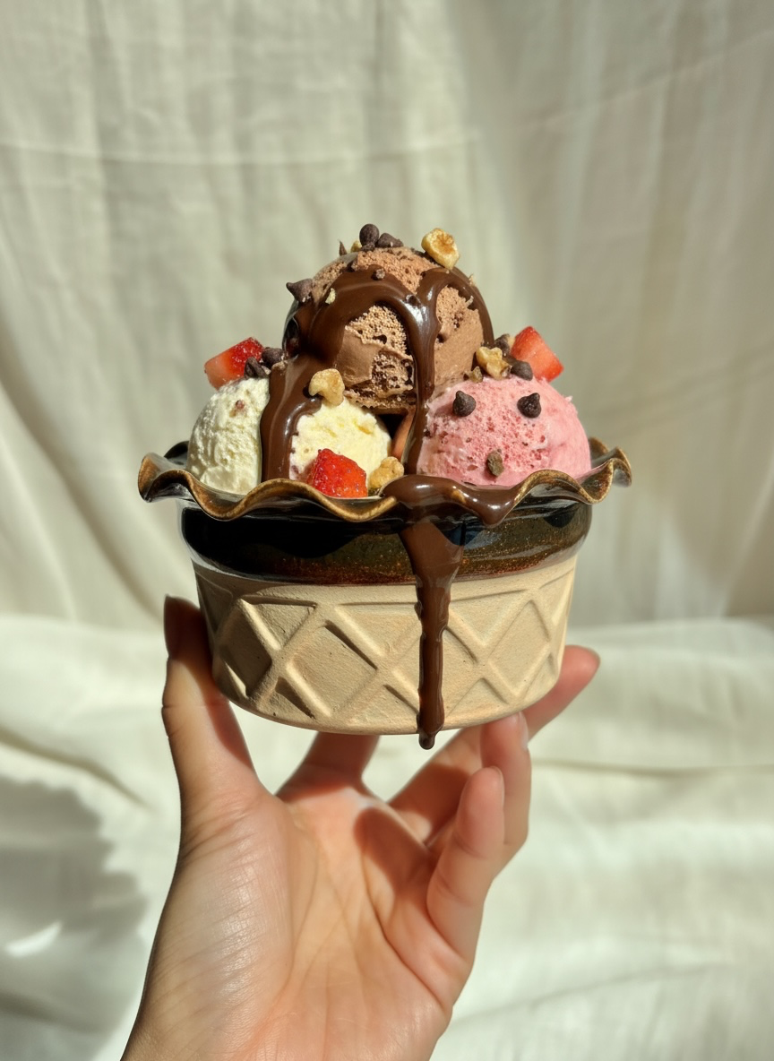Handmade ceramic salted caramel waffle cone ice cream bowl filled with chocolate, vanilla, and strawberry scoops, held in hand.PNG
