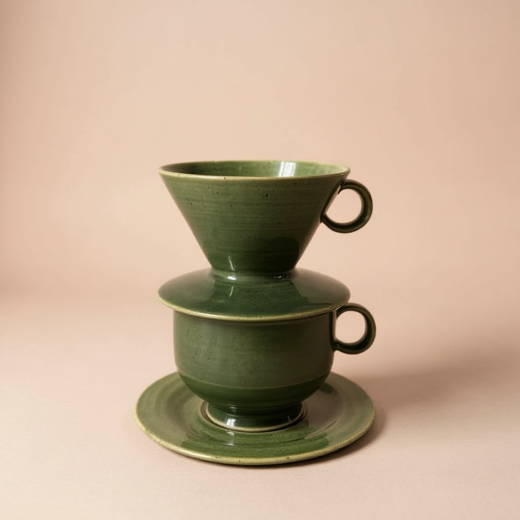 Handmade ceramic V60 pour-over dripper with matcha mug and saucer in Ceremonial Jade, wheel-thrown for slow coffee rituals.