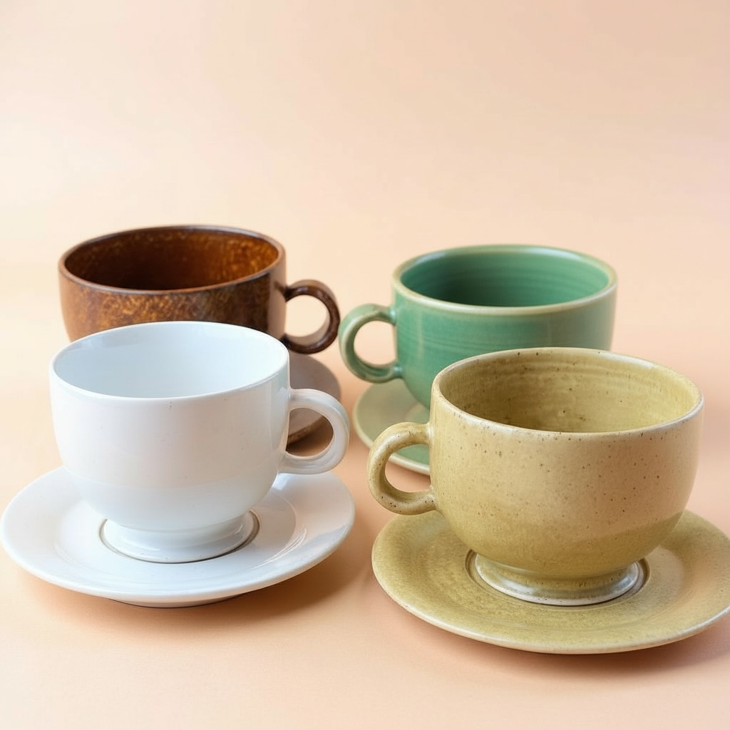 Handmade ceramic matcha mugs paired with matching multi-use saucers in Rituals Collection glazes.