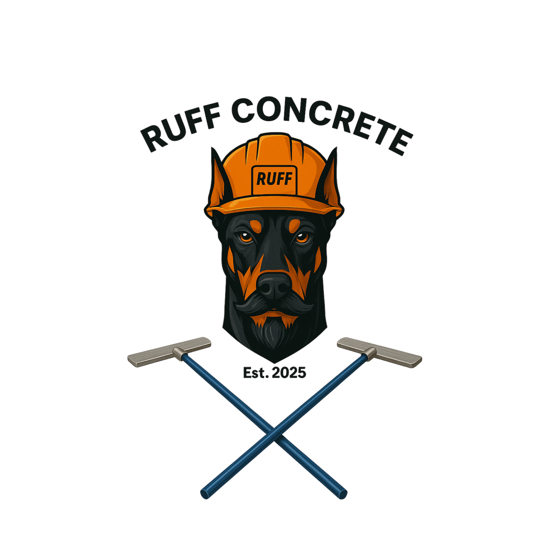 Logo for Ruff Concrete features a dog's head wearing an orange construction helmet with 'RUFF' written on it, flanked by two crossing concrete trowels, with the text 'Ruff Concrete' and 'Est. 2025'.