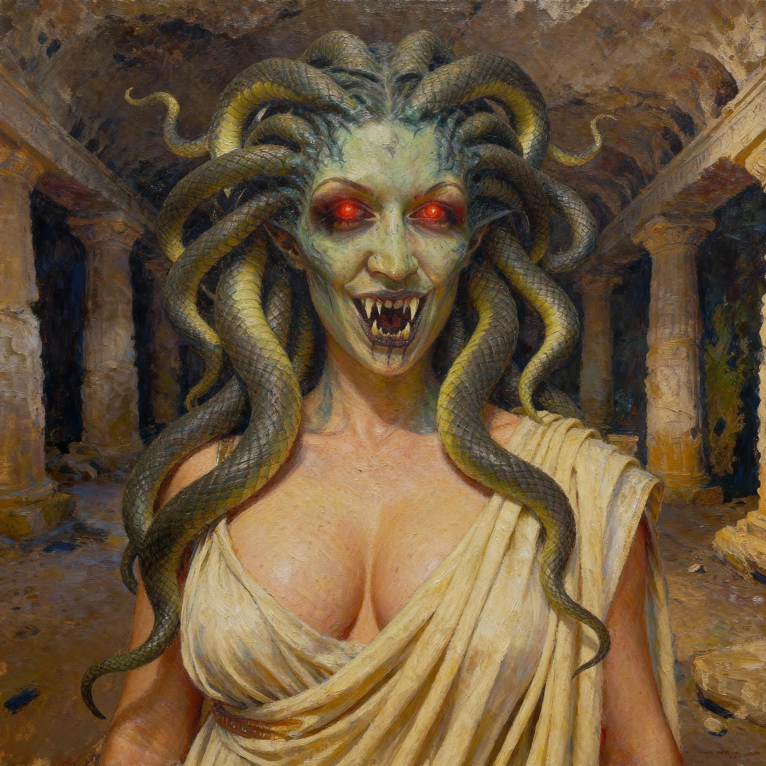 A fantasy illustration of Medusa, a mythological creature with a woman's face and snakes for hair, glowing red eyes, and sharp teeth, standing in an ancient stone ruin.