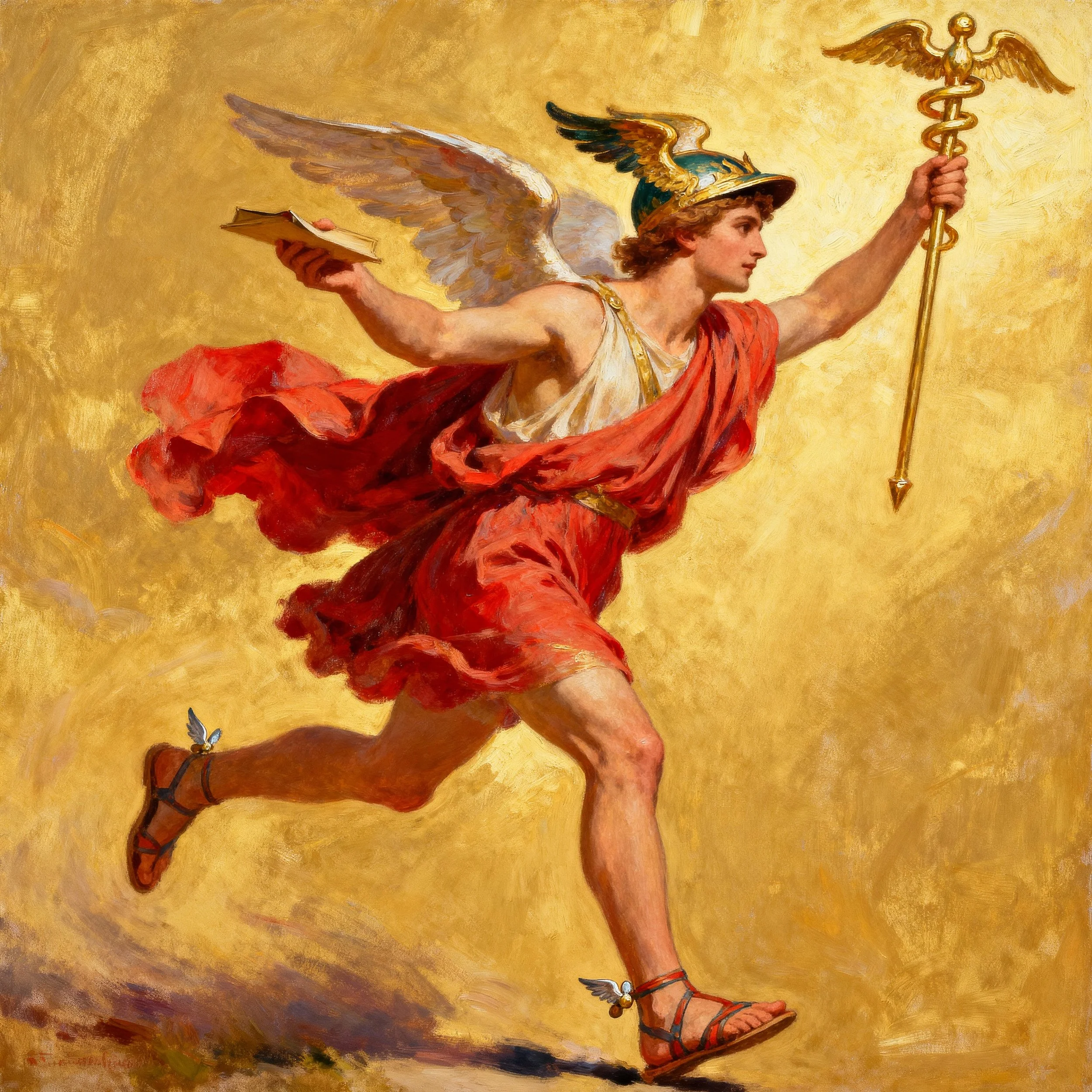 Painting of a winged figure resembling a classical deity, wearing a red cloak, sandals, and a helmet with wings, holding a book in one hand and a caduceus staff in the other, depicted running against a golden background.