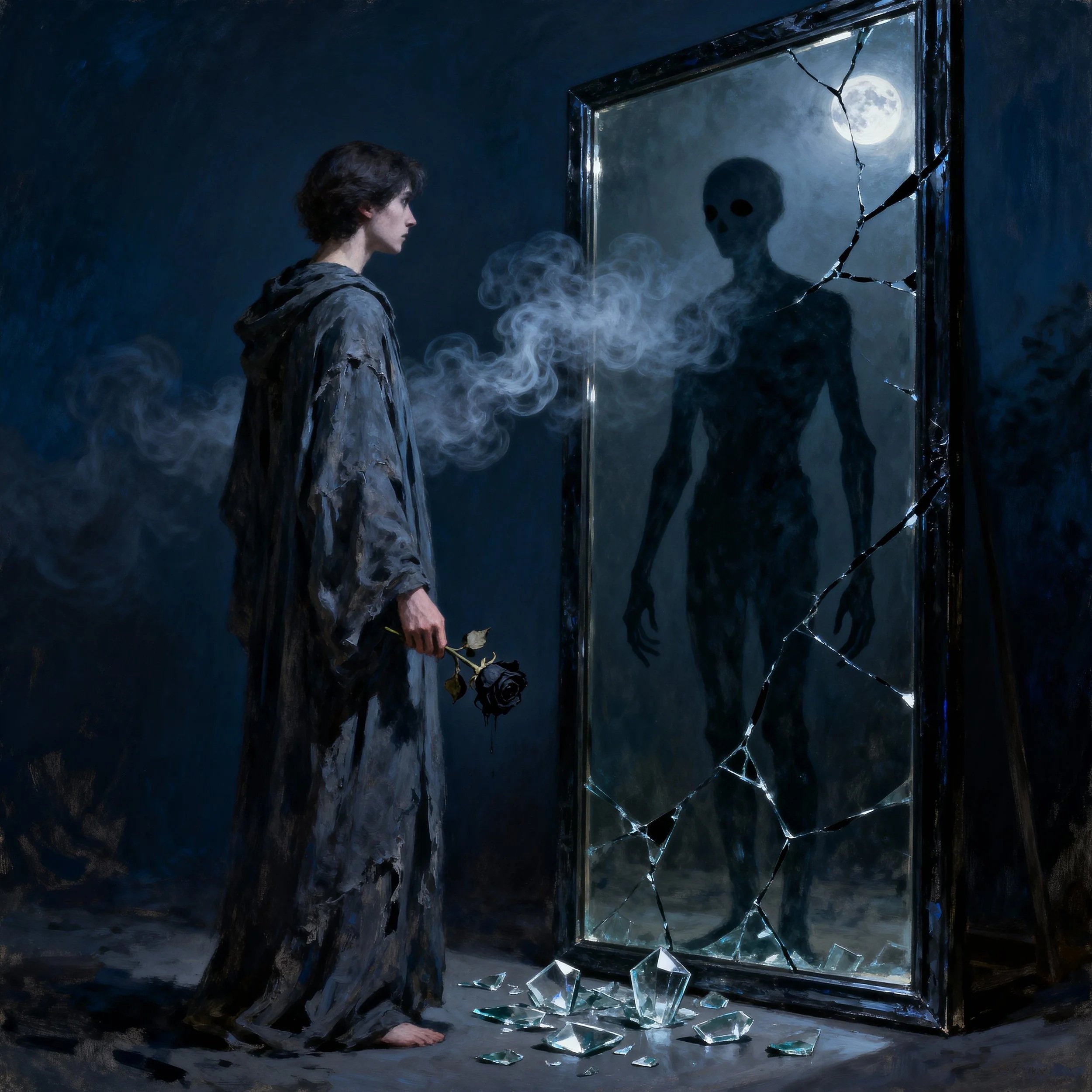 A woman in tattered clothes holding a black rose stands barefoot in front of a cracked mirror reflecting a slender, ghostly figure with a skull face beneath a full moon. Broken glass lies on the ground.