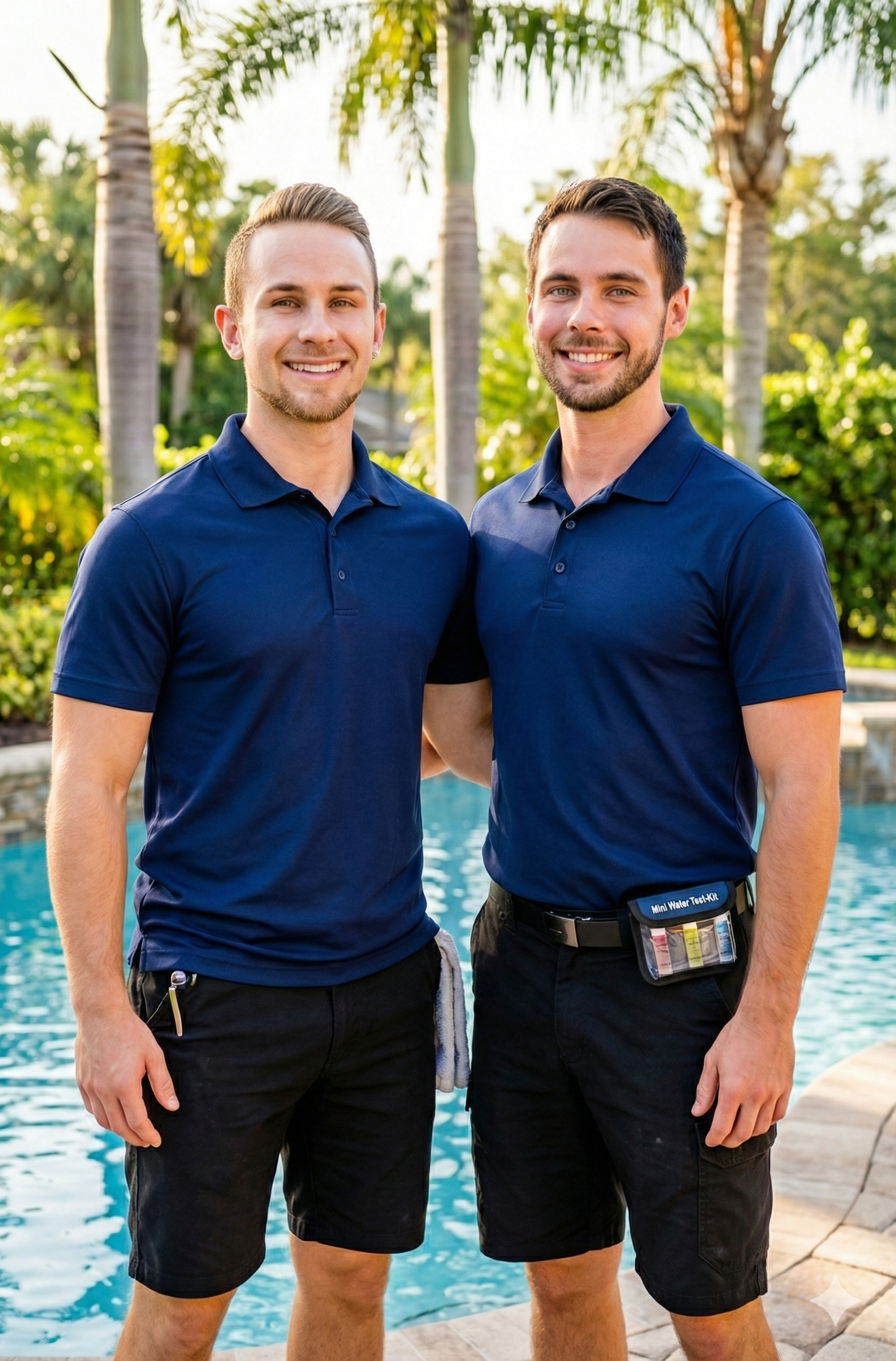 Two young men in blue polo shirts and black shorts standing side by side by a swimming pool, smiling at the camera, with palm trees and lush greenery in the background.