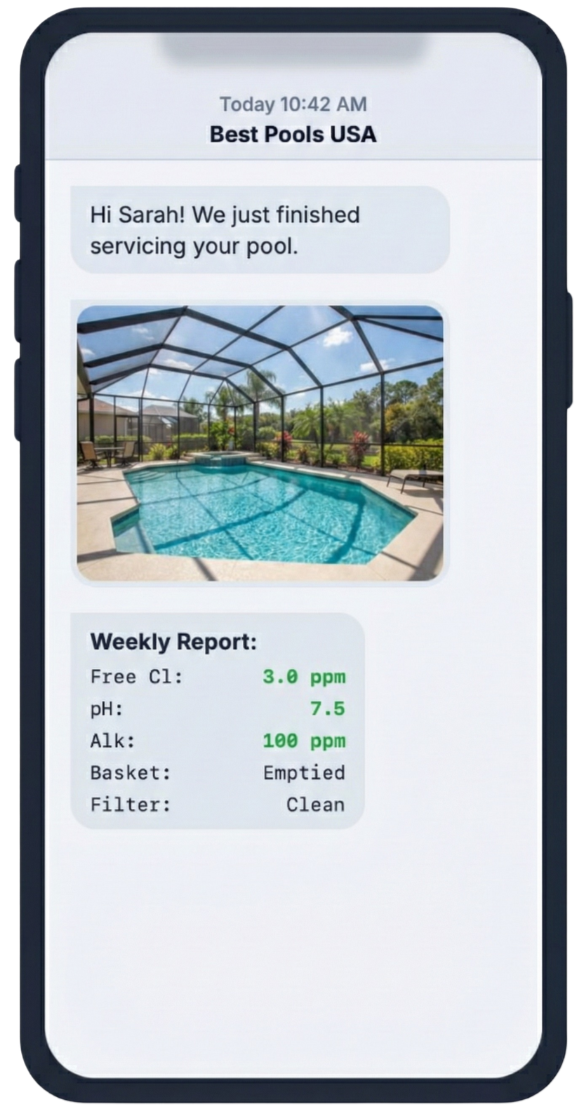 Text message from Best Pools USA to Sarah with a photo of a screened-in backyard swimming pool. The message states the pool service is completed. The weekly report shows water quality parameters: free chlorine 3.0 ppm, pH 7.5, alkalinity 100 ppm, with an emptied basket and a clean filter.