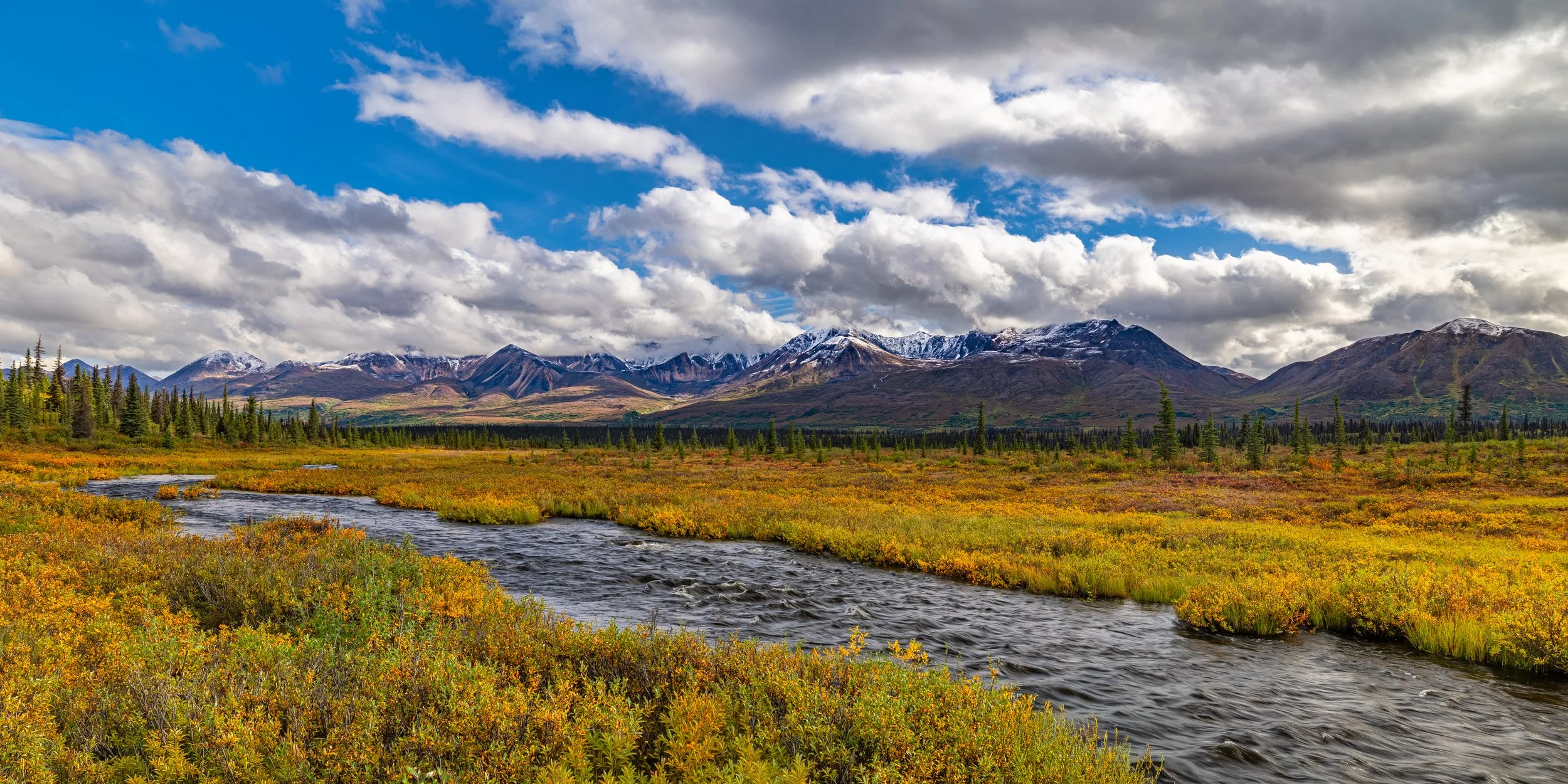 A landscape of a mountain range with snow-capped peaks under a partly cloudy sky, a grassy plain with yellow and green vegetation, and a river flowing through the foreground.