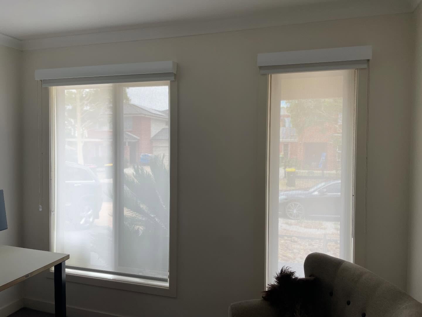 POINT COOK PROJECT 

Customer sought a brightened aesthetic for their home office space. 

The solution involved removing the existing plantation shutters and installing new sheer and blockout roller blinds with pelmets to enhance natural light contr