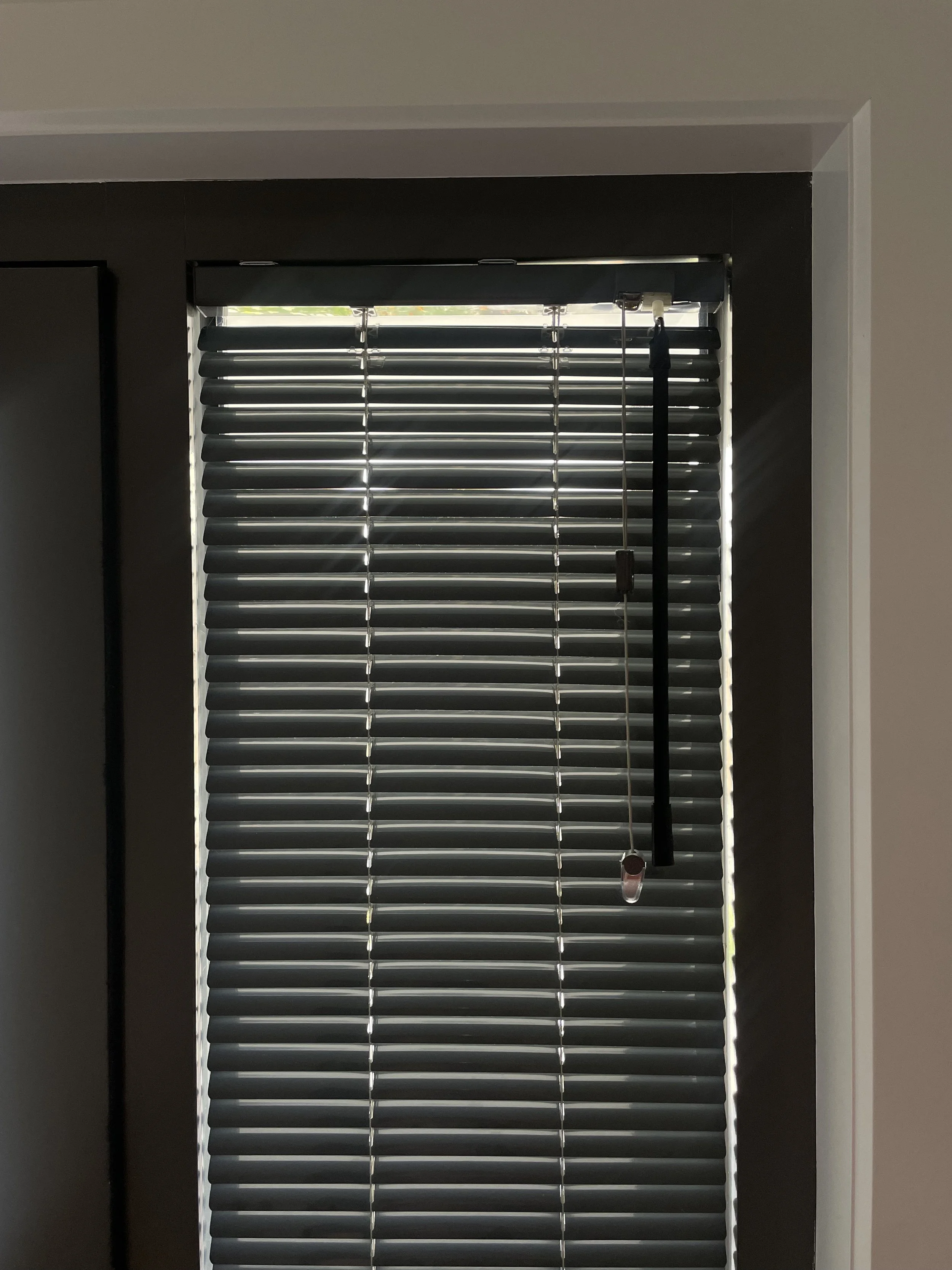 Black window blinds covering a window with a pull cord hanging down.