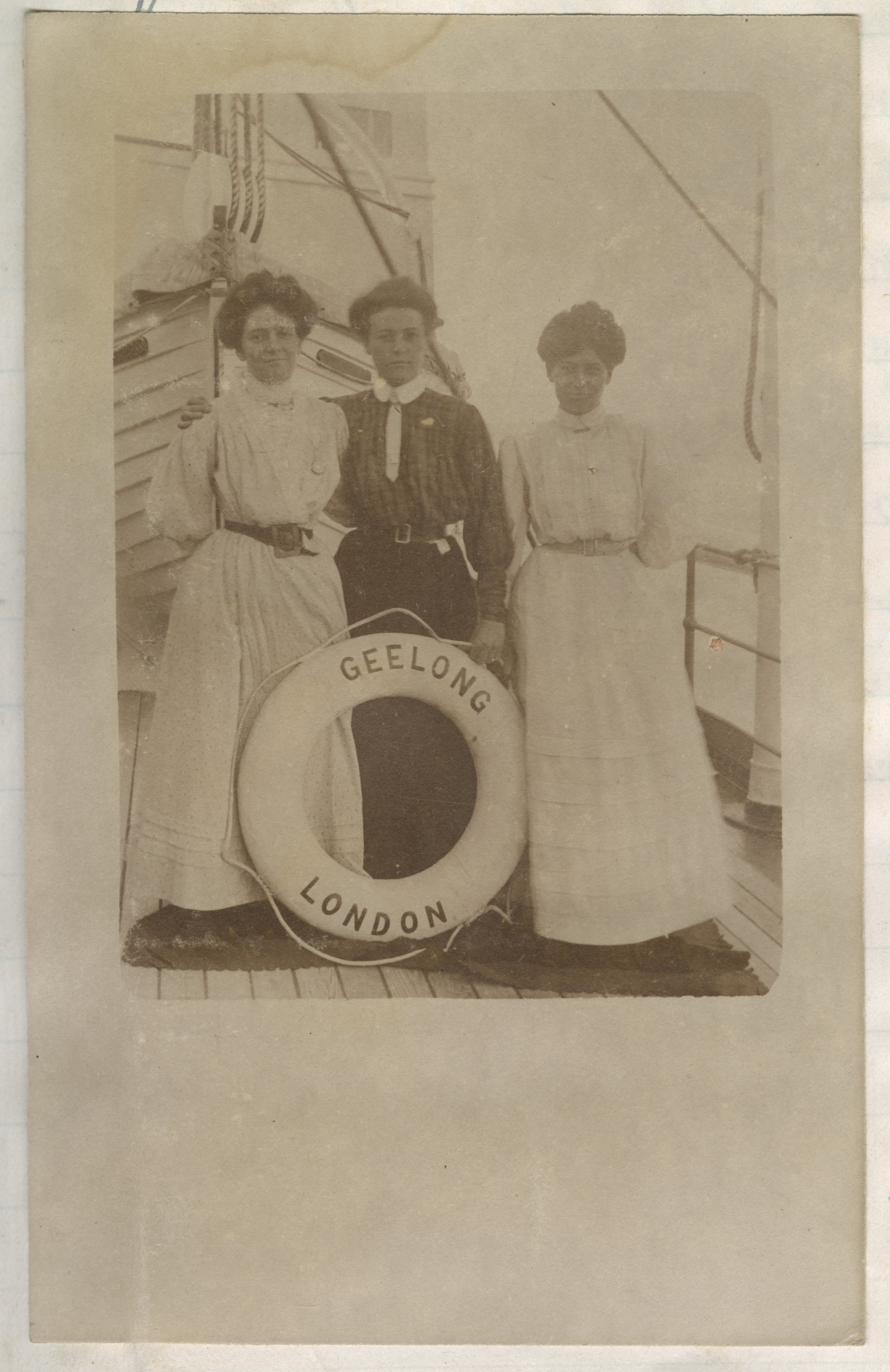 Amy Ritchie Forwood, friend, and Mary Edith Forwood on ship to England for a holiday, 1909.