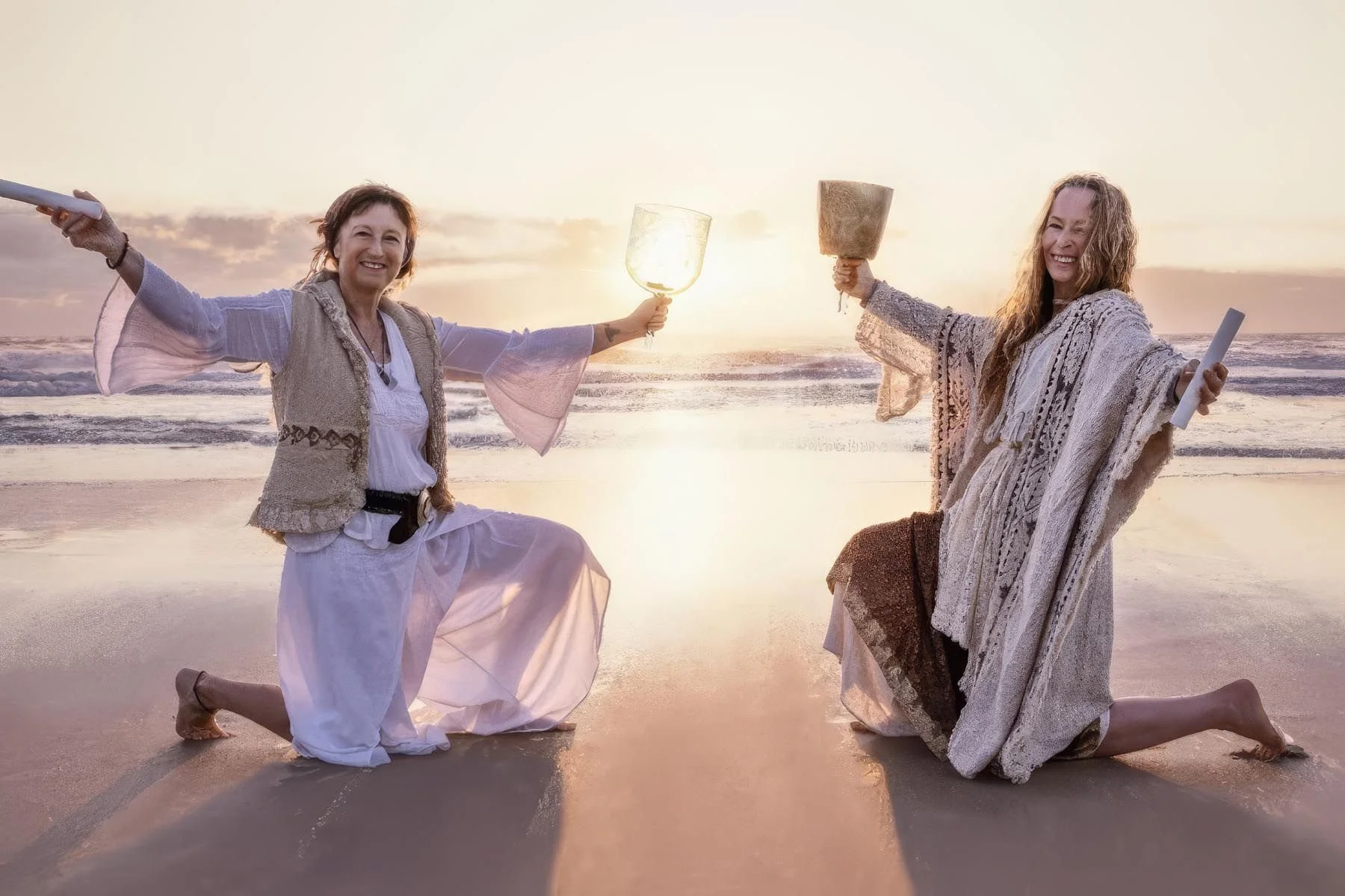 Two women kneeling on the beach during sunset, wearing bohemian-style clothing, holding glasses and scrolls, smiling and celebrating.