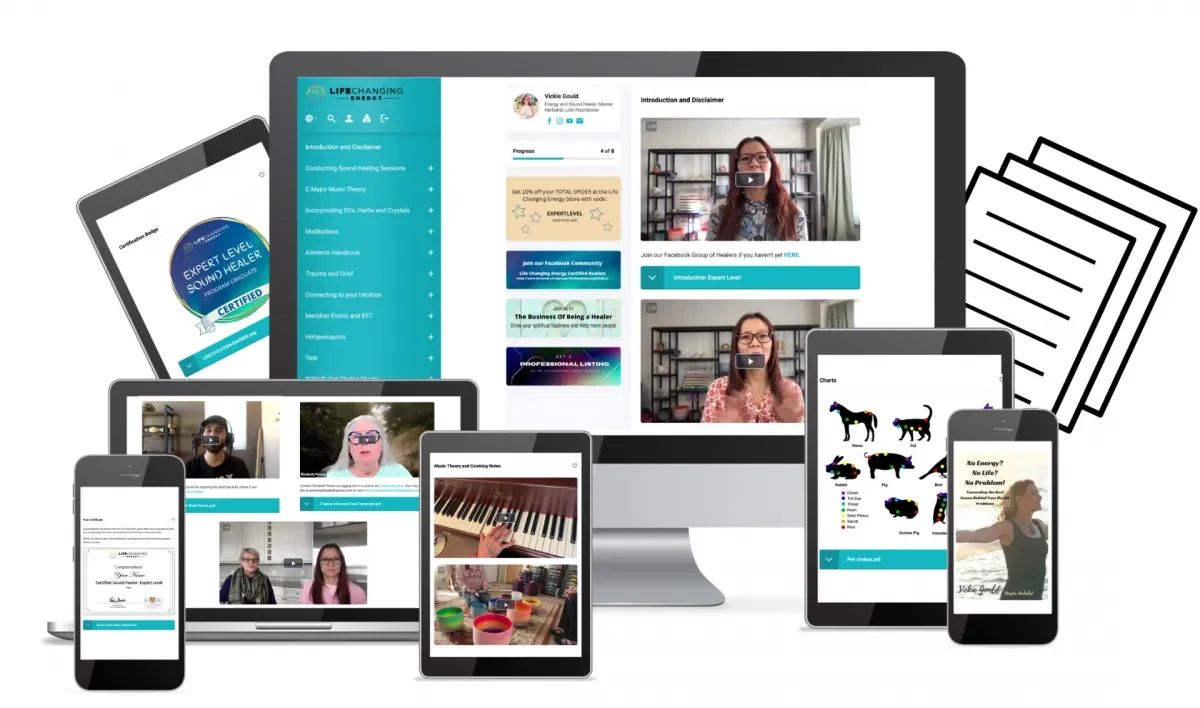 Multiple electronic devices displaying online courses and videos, including a computer monitor, tablet, and smartphone, with charts, course modules, and video thumbnails.