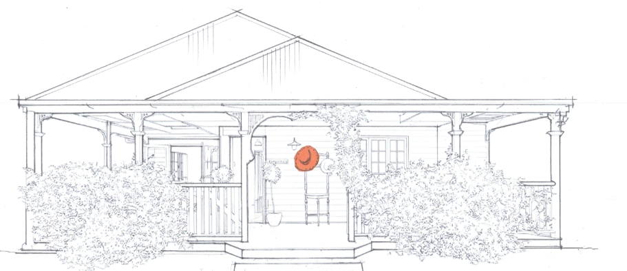 Sketch of a front porch of a house with bushes on either side, a hat hanging on a wall, and a chair inside.