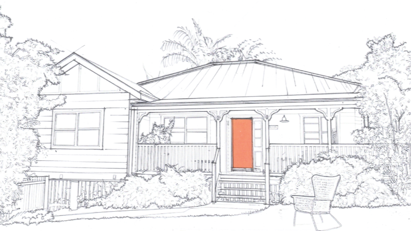 Black and white sketch of a house with a porch, featuring a red door, surrounded by trees and bushes, with a chair in the yard.