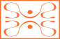Orange abstract design with symmetrical swirling lines and dot accents on a black background.