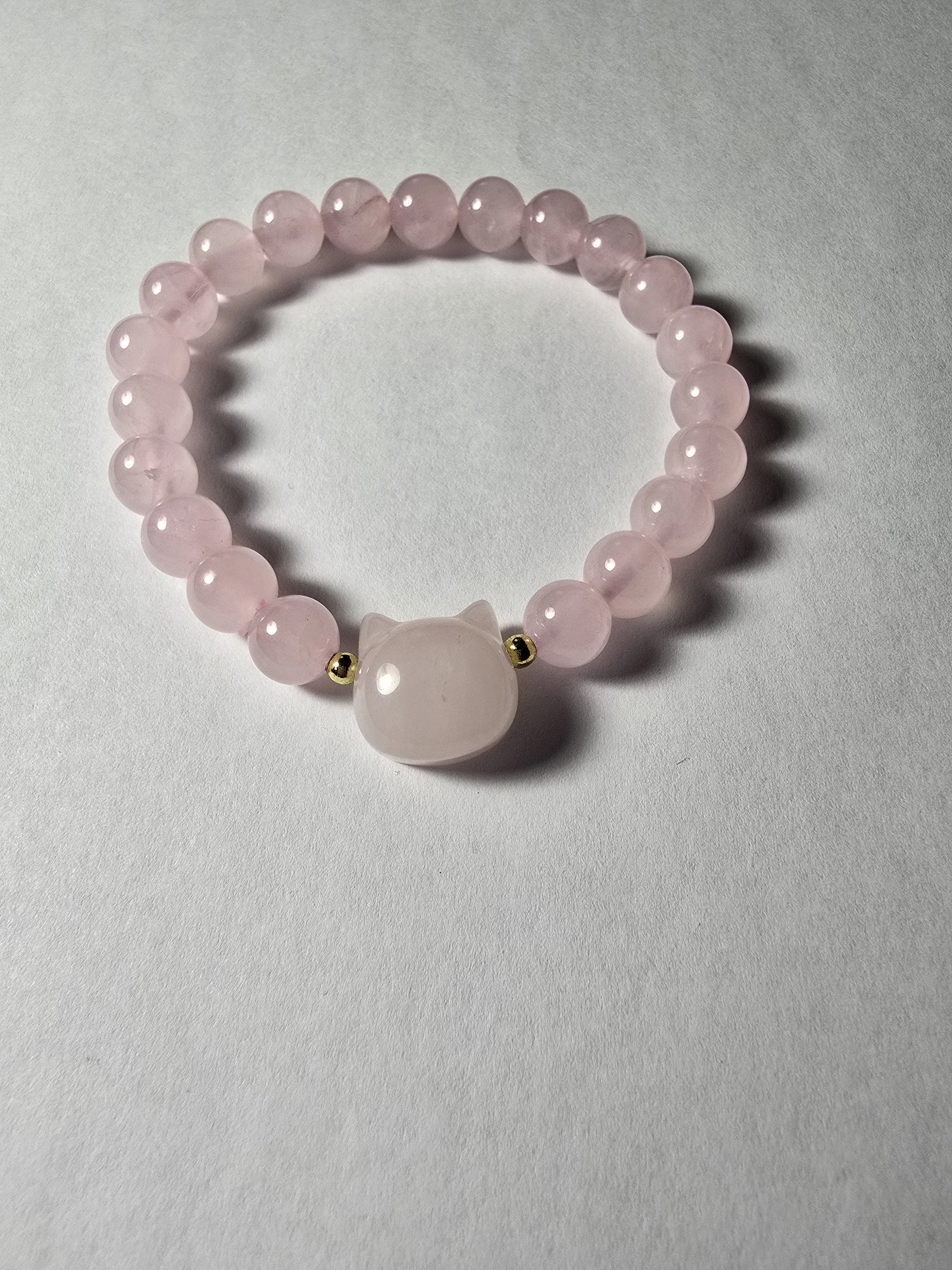 Cat Head Natural Rose Quartz  and round Beaded Stretch Bracelets, with Synthetic Non-magnetic Hematite