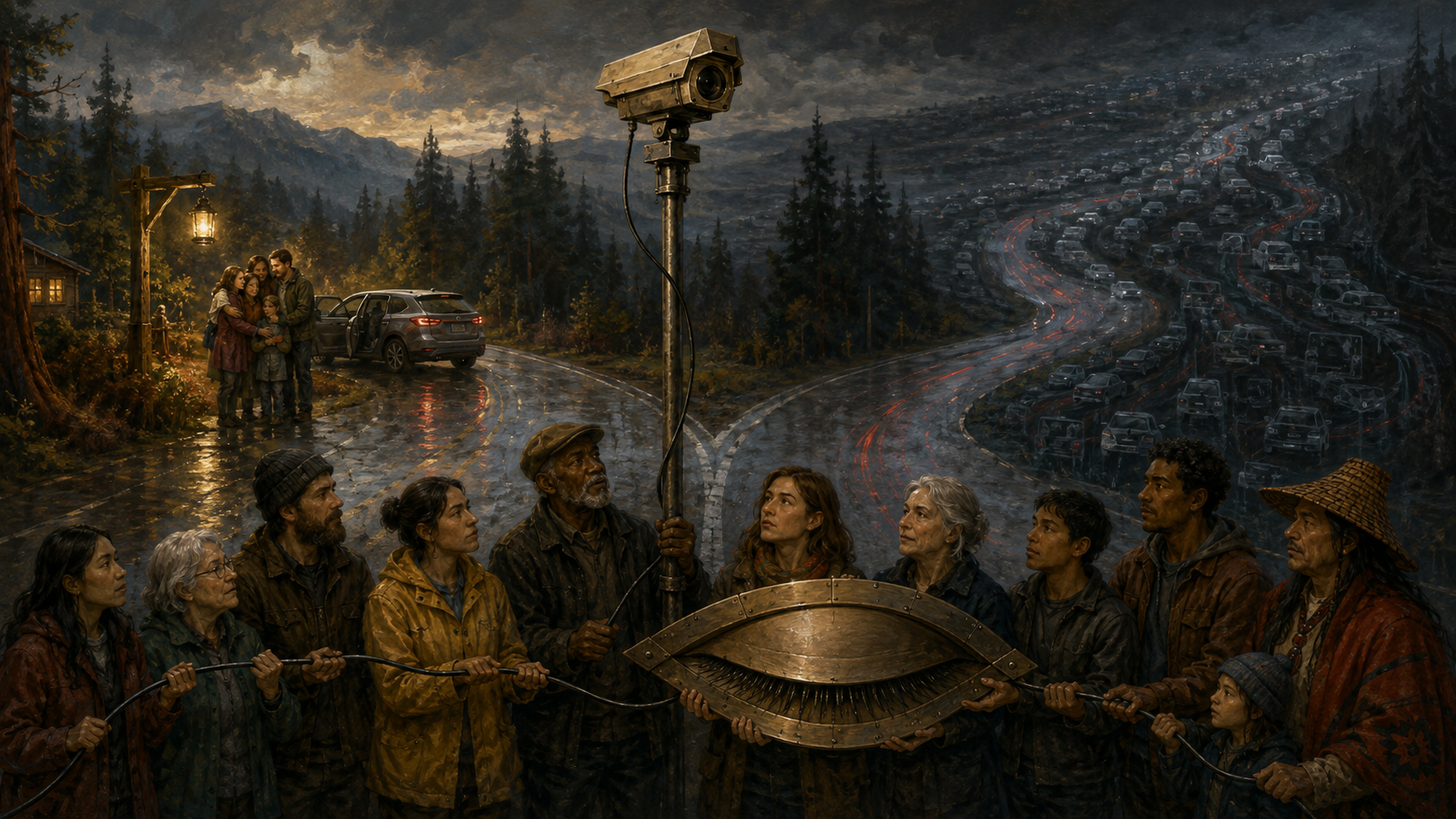Citizens hold the power cable and eyelid of a roadside camera between a rescue path and a vast shadow archive.