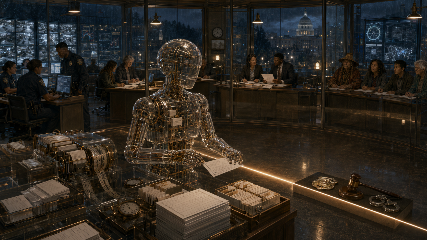A transparent AI clerk checks surveillance records while a bright boundary separates it from badges, gavels, and arrests.
