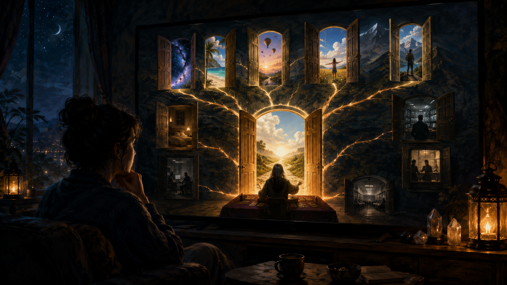 A viewer watches a tarot reading while one luminous doorway branches into ten unseen paths.