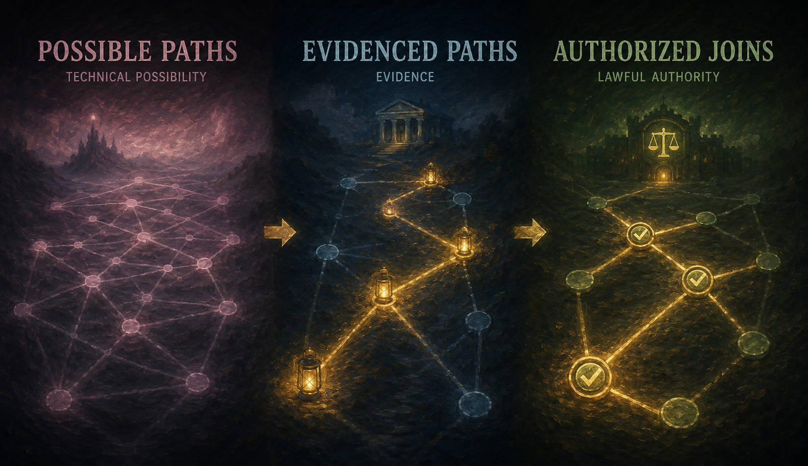 Three diagrams separate technically possible links, evidenced links and lawfully authorized joins.