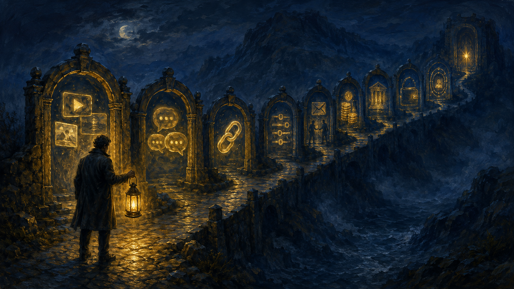 A lantern illuminates the first gates from public content toward hidden control while later gates remain in mist.