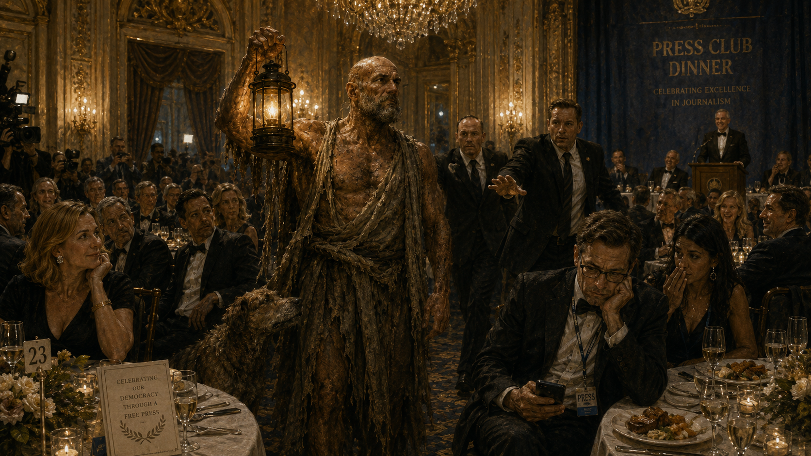 At an opulent press-club dinner, a bald, muscular Diogenes raises a glowing lantern while tuxedoed guests watch and security approaches beside tables of expensive food.