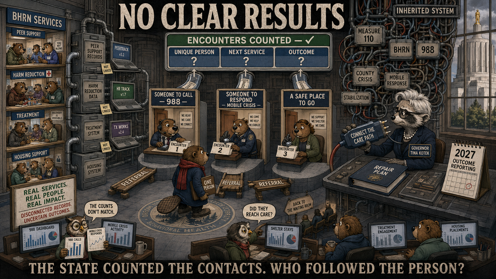 Beaver seeking help crosses disconnected 988, mobile response, and care doors while raccoon Kotek faces a dashboard counting contacts, not outcomes.