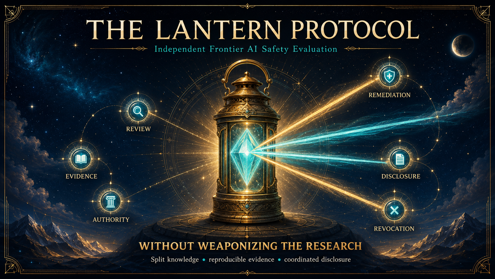 Mythopoetic cover for The Lantern Protocol: a luminous lantern surrounded by evidence, review, and disclosure nodes, with beams extending through a dark information field.