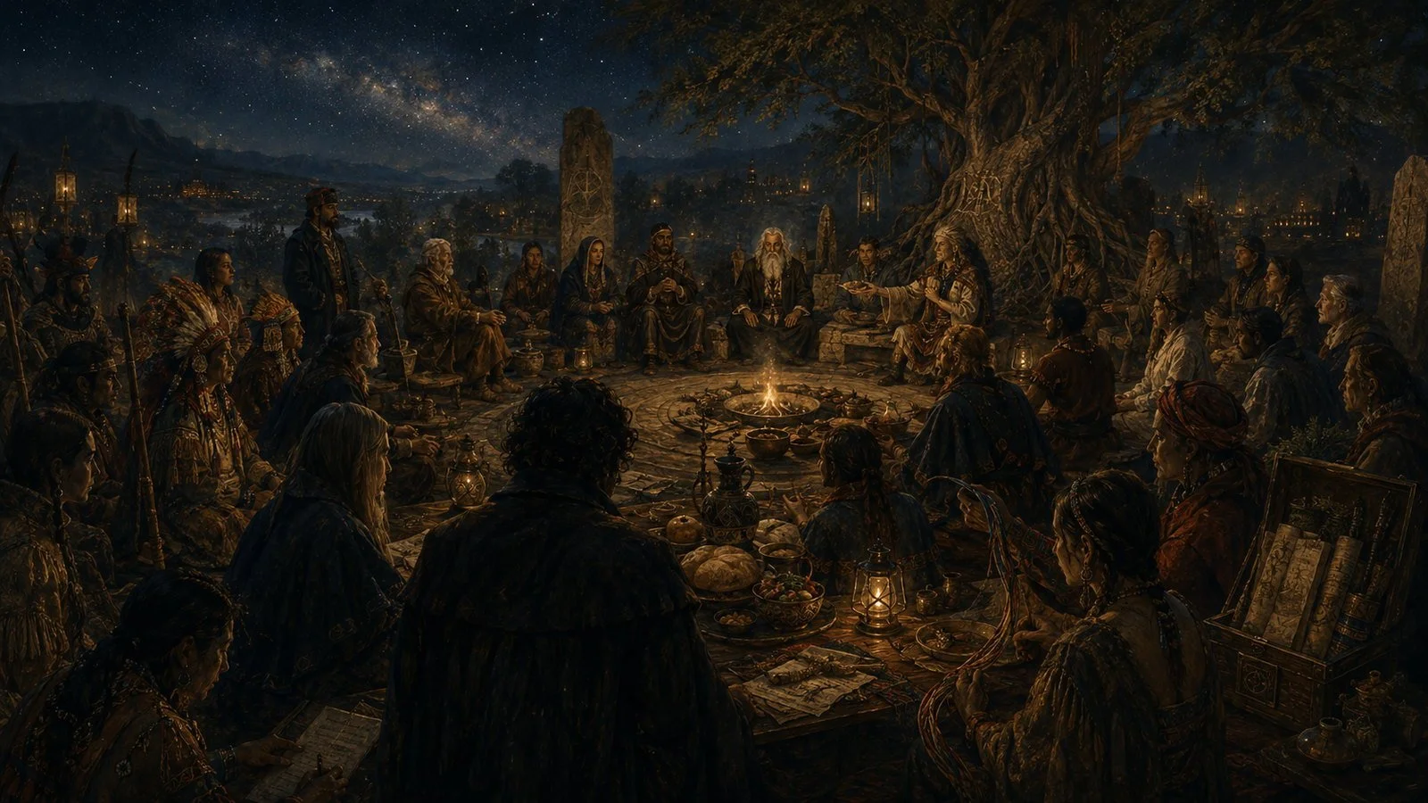 A diverse council gathers around a fire beneath an ancient tree, sharing food, memory, witness, and reciprocal care.