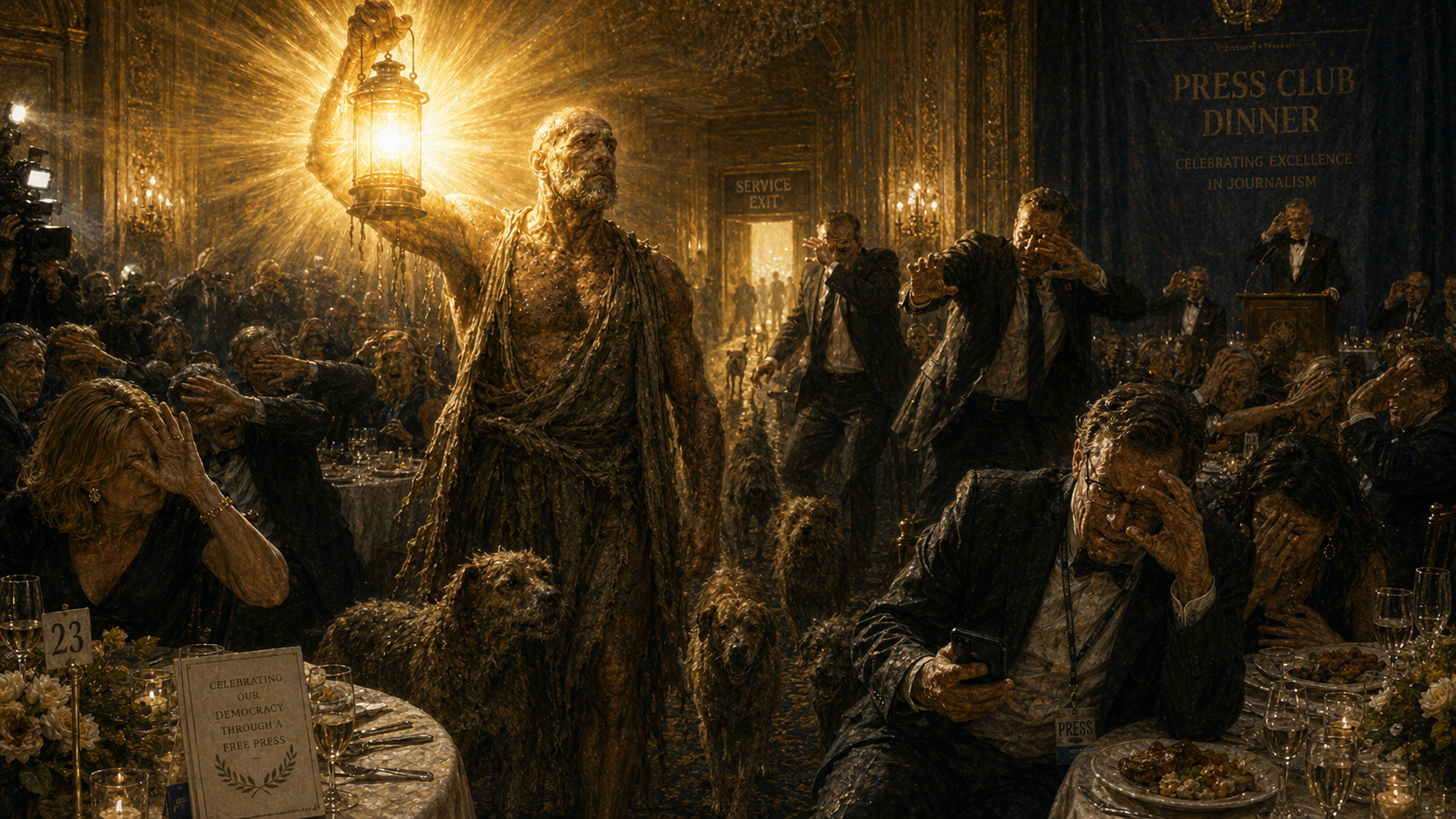 Diogenes raises his lantern into a blinding golden flare as banquet guests and security shield their eyes, allowing him and his dogs to move toward the service exit.