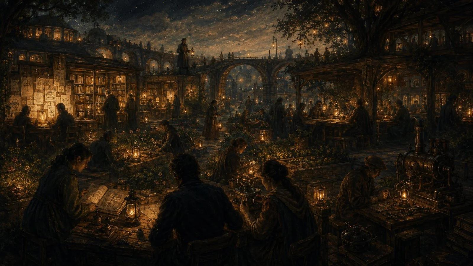 People tend a shared garden, library, and workshop beneath lanterns and bridges, with a quiet machine beside the commons.